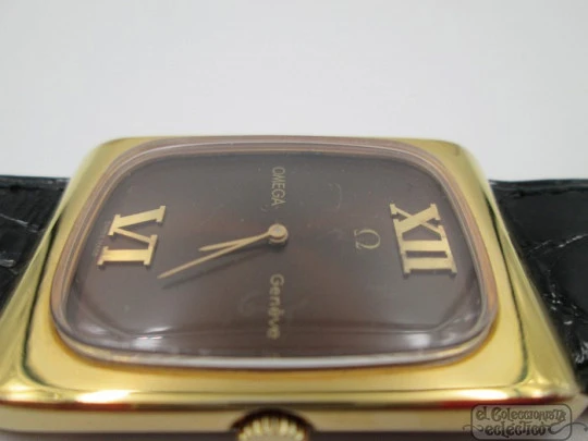 Omega Genève. 20 microns gold plated & steel. Manual wind. Tiger's Eye dial