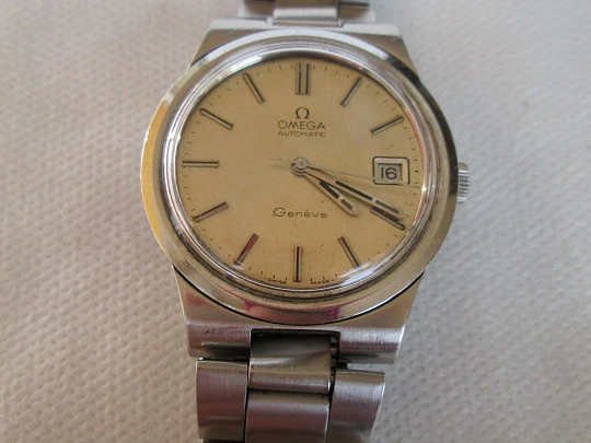 Omega Genève. Acero inoxidable. Automático. Brazalete. 1970. Fecha