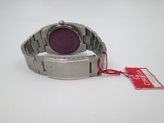 Omega Genève. Acero inoxidable. Automático. Calendario. Dial negro. Brazalete. 1970