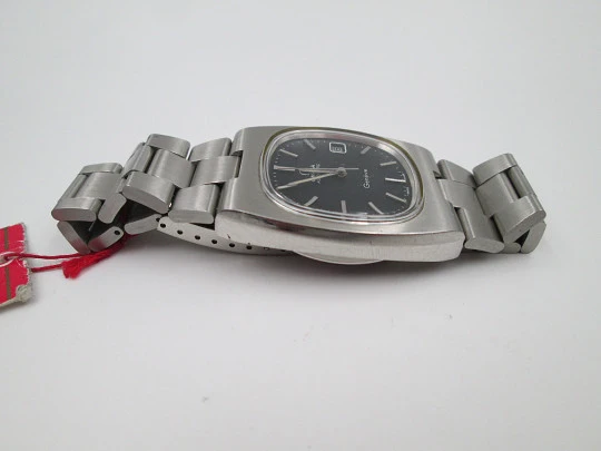 Omega Genève. Acero inoxidable. Automático. Calendario. Dial negro. Brazalete. 1970