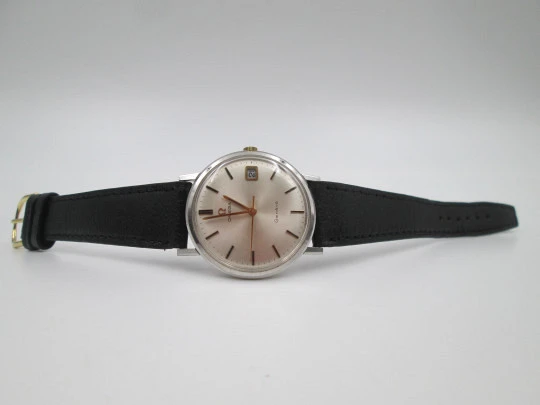 Omega Genève. Acero inoxidable. Cuerda manual. Calendario. Correa. Suiza. 1960