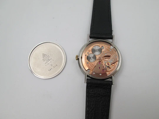 Omega Genève. Acero inoxidable. Cuerda manual. Calendario. Correa. Suiza. 1960