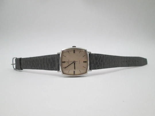 Omega Genève. Acero inoxidable. Cuerda manual. Esfera gris. Formato TV. 1960