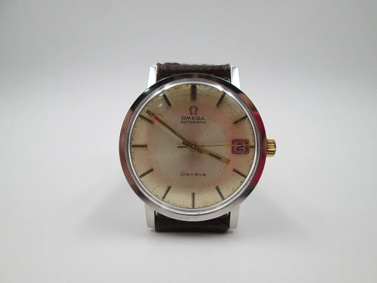 Omega Genève. Stainless steel. 1960's. Calendar. Automatic. Strap. Swiss