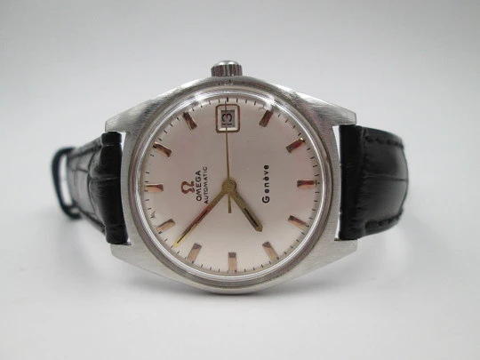 Omega Genève. Stainless steel. Automatic. Date. Strap. 1960's