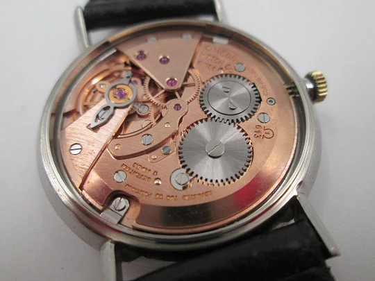 Omega Genève. Stainless steel. Manual wind. Calendar. Leather strap. Swiss. 1960's