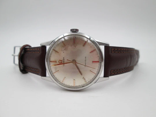 Omega Genève. Stainless steel. Manual wind. Leather strap. 1970's. Swiss