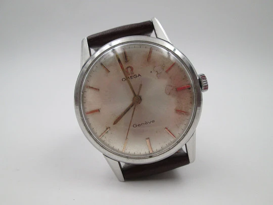 Omega Genève. Stainless steel. Manual wind. Leather strap. 1970's. Swiss