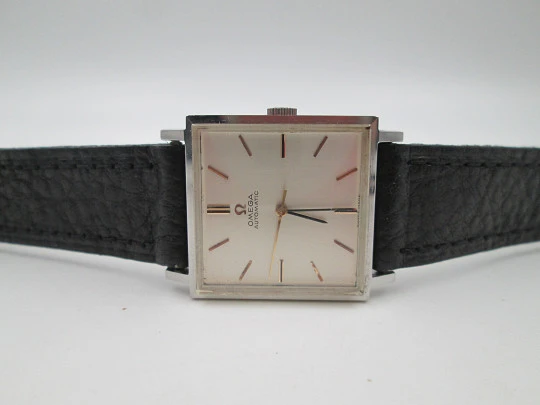 Omega unisex automatic wristwatch. Stainless steel. Square case. Grey dial. Swiss. 1960's Omega unisex automatic wristwatch. Stainless steel. Square case. Grey dial. Swiss. 1960's
