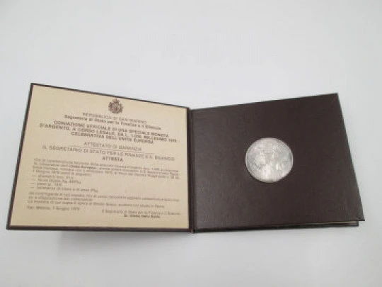 One thousand lira sterling silver coin cased. Republic of San Marino. European Union. 1979