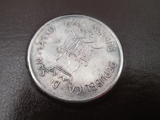 One thousand lira sterling silver coin cased. Republic of San Marino. European Union. 1979