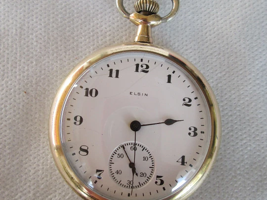 Open-face Elgin pocket watch. Gold plated case. Stem-wind. 1930's. USA