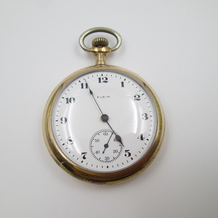 Open Face Elgin Pocket Watch. Gold Plated Case. Stem wind. 1930 s. USA