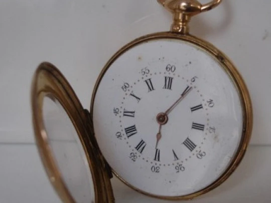 Open-face pocket watch. 14 karat yellow gold. Key-wind movement. Floral motifs. 1890's