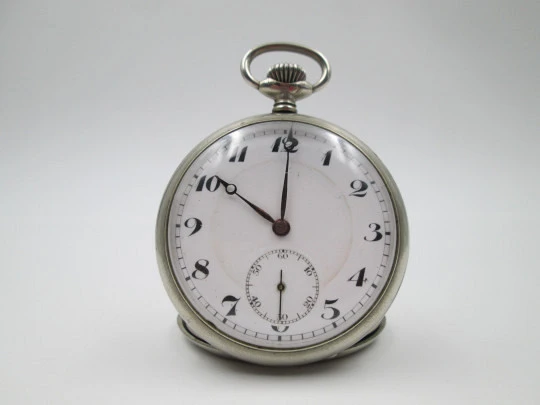Open-face pocket watch. Silver plated metal. Porcelain dial. Stem-wind. Europe. 1920's