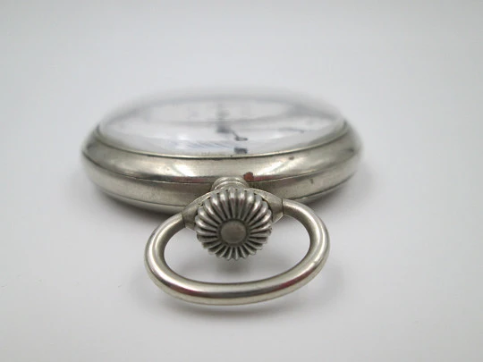Open-face pocket watch. Silver plated metal. Porcelain dial. Stem-wind. Europe. 1920's