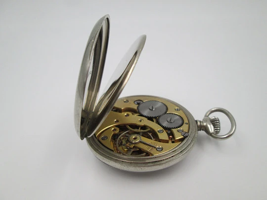 Open-face pocket watch. Silver plated metal. Porcelain dial. Stem-wind. Europe. 1920's