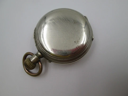 Open face pocket watch. Silver plated metal. Stem-wind. Circa 1910's. Swiss