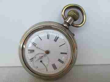 Open face pocket watch. Silver plated metal. Stem-wind. Circa 1910's. Swiss