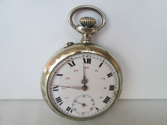 Open face pocket watch. Silver plated. Stem-wind. 1910. France. Ornate back