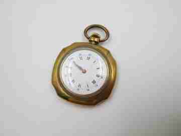 Open-face swiss pocket watch. Octogonal case. Gold plated metal