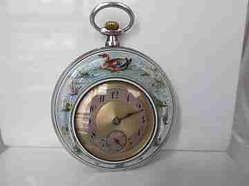Open-face. 935 sterling silver. Enamels. Swiss. Hallmarks