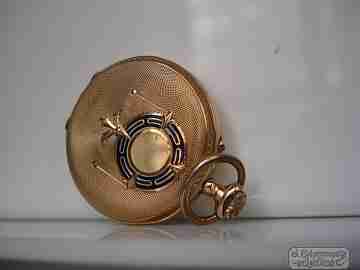 Open-faced. 14 karat gold. 1920's. Blue enamel. Stem-wind. Swiss