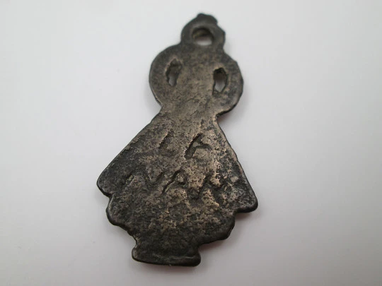 Openwork bronze spanish medal. Virgin with half moon and cherub. 18th century