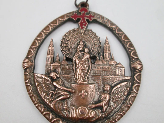 Openwork copper medal. Our Lady of Pilar with Saint James red enameled cross. 1950's Openwork copper medal. Our Lady of Pilar with Saint James red enameled cross. 1950's
