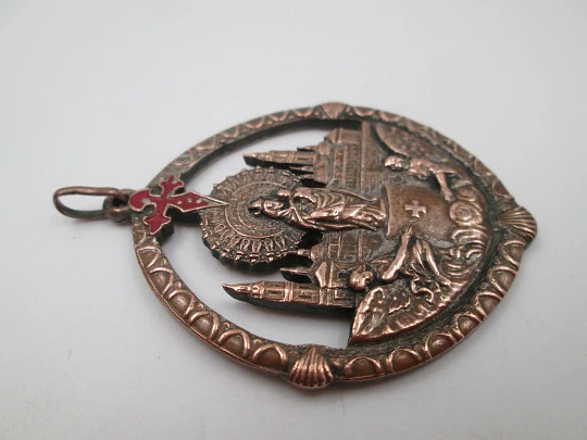 Openwork copper medal. Our Lady of Pilar with Saint James red enameled cross. 1950's Openwork copper medal. Our Lady of Pilar with Saint James red enameled cross. 1950's