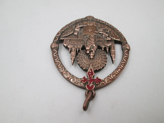 Openwork copper medal. Our Lady of Pilar with Saint James red enameled cross. 1950's Openwork copper medal. Our Lady of Pilar with Saint James red enameled cross. 1950's