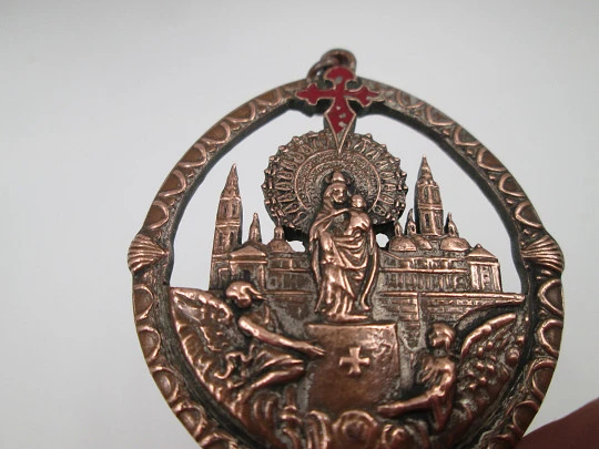 Openwork copper medal. Our Lady of Pilar with Saint James red enameled cross. 1950's Openwork copper medal. Our Lady of Pilar with Saint James red enameled cross. 1950's