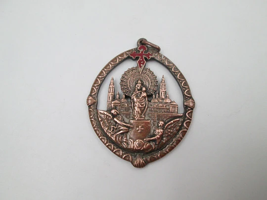 Openwork copper medal. Our Lady of Pilar with Saint James red enameled cross. 1950's Openwork copper medal. Our Lady of Pilar with Saint James red enameled cross. 1950's