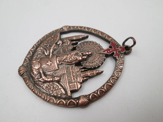 Openwork copper medal. Our Lady of Pilar with Saint James red enameled cross. 1950's Openwork copper medal. Our Lady of Pilar with Saint James red enameled cross. 1950's