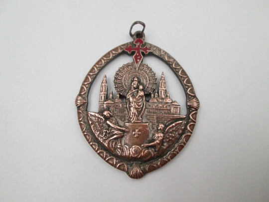Openwork copper medal. Our Lady of Pilar with Saint James red enameled cross. 1950's Openwork copper medal. Our Lady of Pilar with Saint James red enameled cross. 1950's
