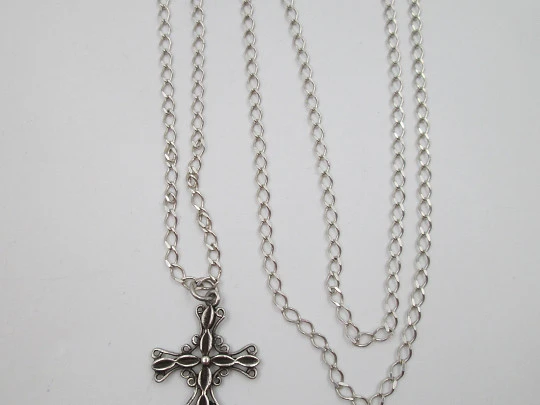 Openwork cross pendant with links chain. 925 sterling silver. Spring ring clasp. 1990's. Spain