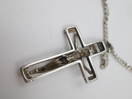 Openwork crucifix and Virgin Mary medal with sterling silver curb chain. Spain. 1980's Openwork crucifix and Virgin Mary medal with sterling silver curb chain. Spain. 1980's