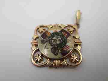 Openwork golden metal medal. Painted scene Jesus crucified. 1940's