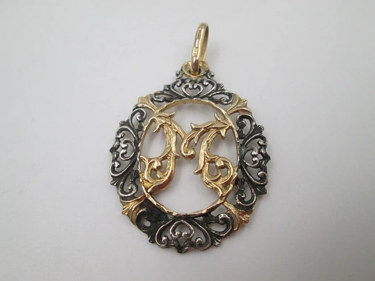 Openwork medal Virgin Mary monogram. Sterling silver & vermeil. Vegetable edge Openwork medal Virgin Mary monogram. Sterling silver & vermeil. Vegetable edge