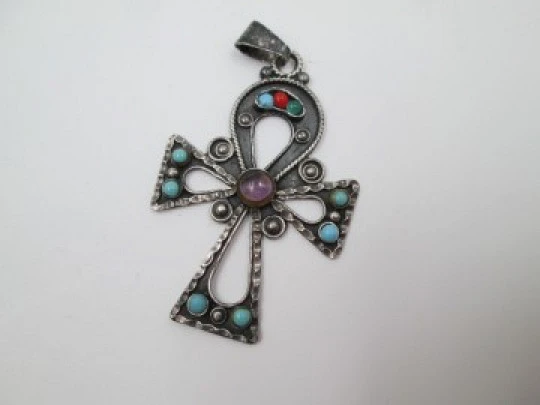 Openwork pendant cross. 925 sterling silver. Turquoises & colour stones. 1980's