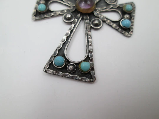 Openwork pendant cross. 925 sterling silver. Turquoises & colour stones. 1980's
