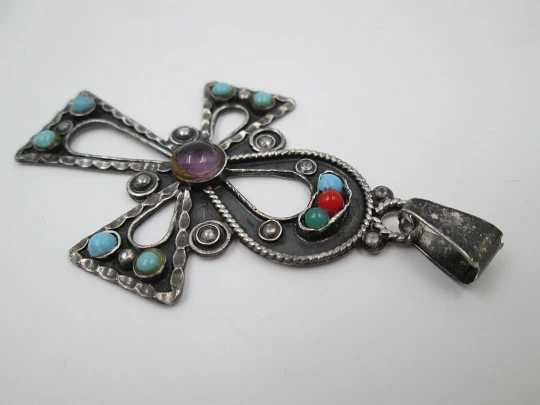 Openwork pendant cross. 925 sterling silver. Turquoises & colour stones. 1980's