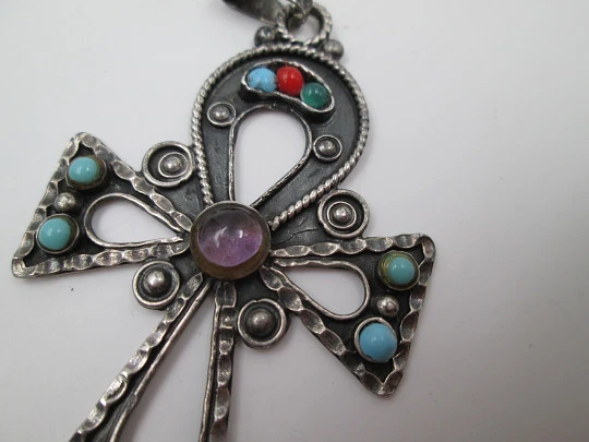 Openwork pendant cross. 925 sterling silver. Turquoises & colour stones. 1980's