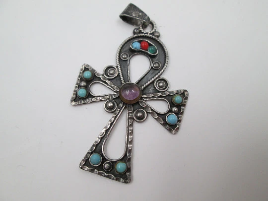 Openwork pendant cross. 925 sterling silver. Turquoises & colour stones. 1980's