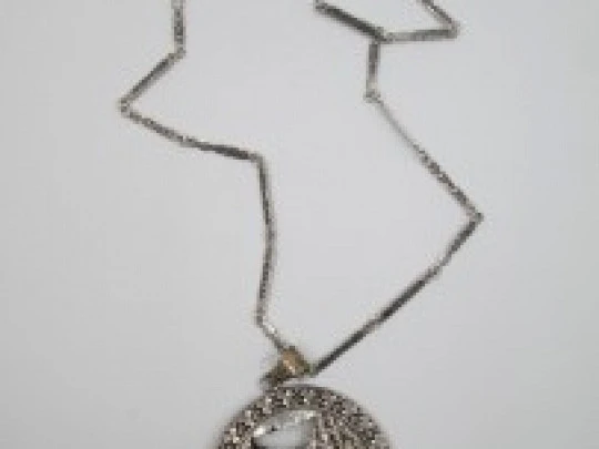 Openwork pendant with chain. Silver. 1970's. Horse riders scene