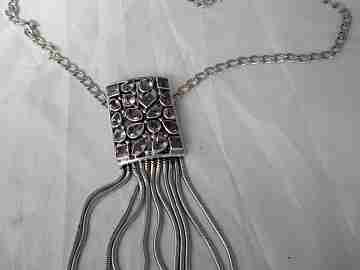 Openwork pendant. Amethysts and fringes. Sterling silver. Link chain