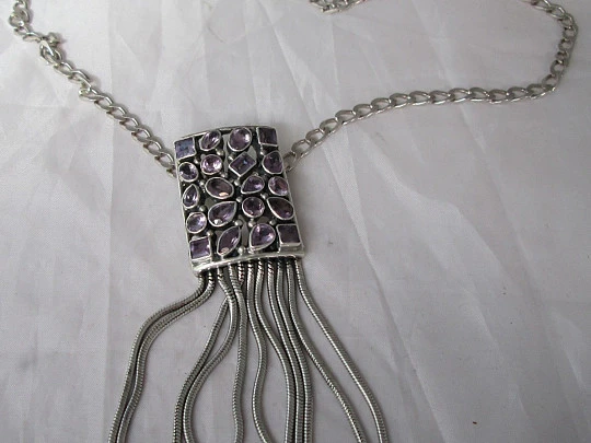 Openwork pendant. Amethysts and fringes. Sterling silver. Link chain