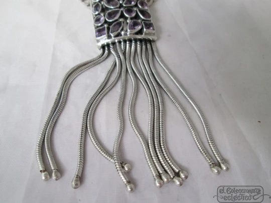 Openwork pendant. Amethysts and fringes. Sterling silver. Link chain