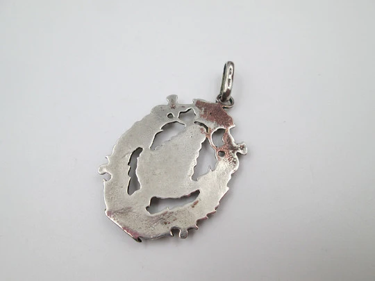 Openwork religious medal. Virgin Mary with mantle and staff. Sterling silver. 1960's