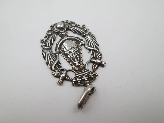 Openwork religious medal. Virgin Mary with mantle and staff. Sterling silver. 1960's